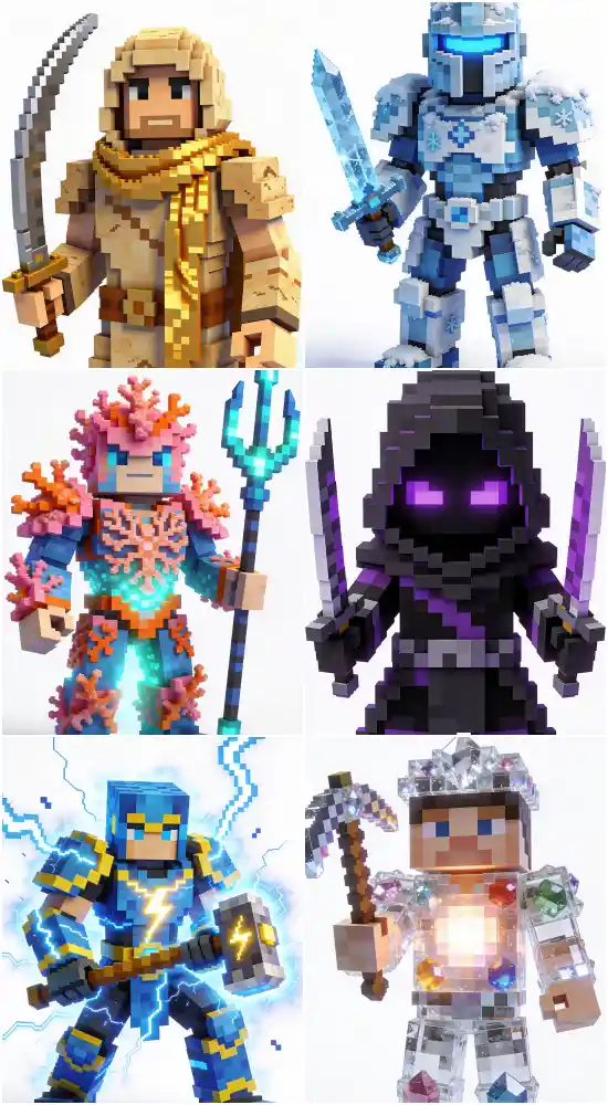 Minecraft Style 3D Pixel Character Prompt Template – Voxel Figure Generator – Fantasy RPG Skin Design Creator – White Background Render Prompt