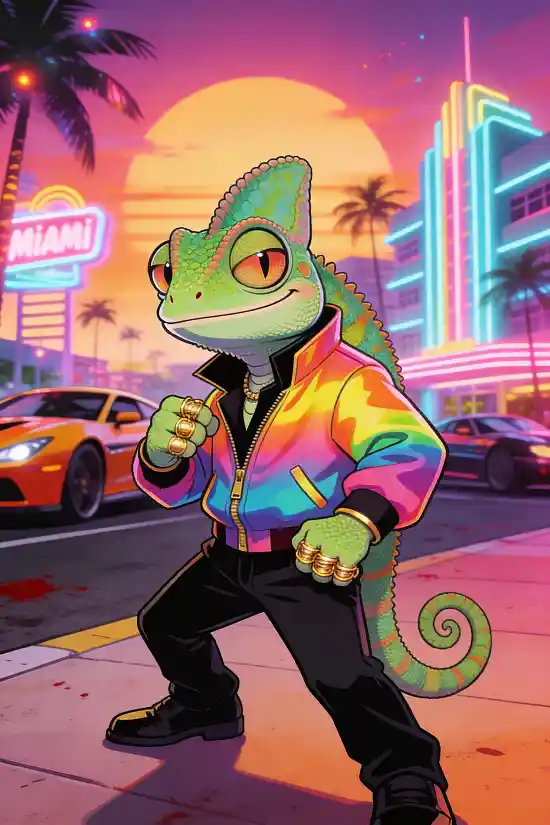 Miami Vice Gangster Animal AI Prompt Template – Cute Cartoon Crime Boss Generator – Neon 80s Retro City Character Creator – Digital Download thumbnail 4