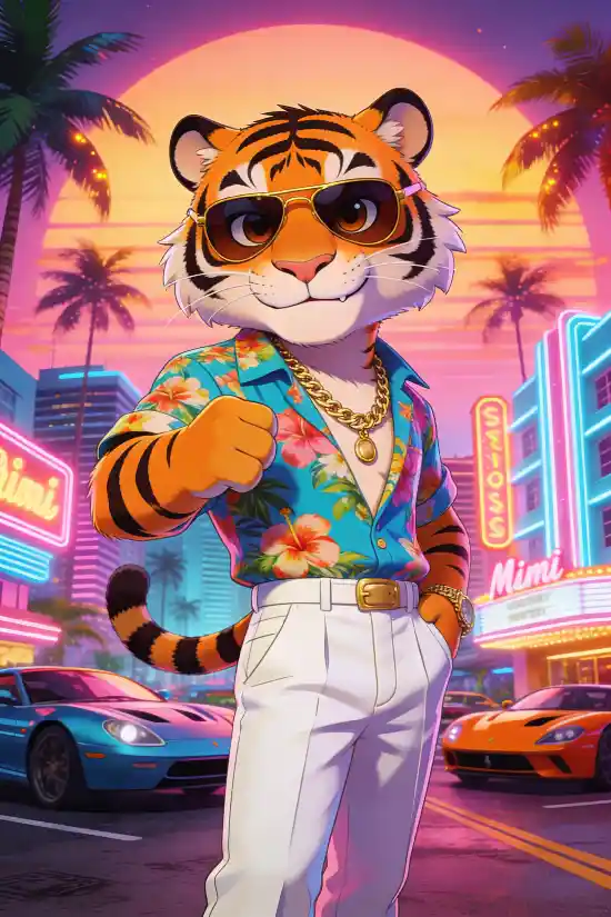 Miami Vice Gangster Animal AI Prompt Template – Cute Cartoon Crime Boss Generator – Neon 80s Retro City Character Creator – Digital Download thumbnail 2