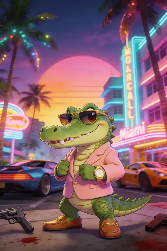 Miami Vice Gangster Animal AI Prompt Template – Cute Cartoon Crime Boss Generator – Neon 80s Retro City Character Creator – Digital Download thumbnail 3