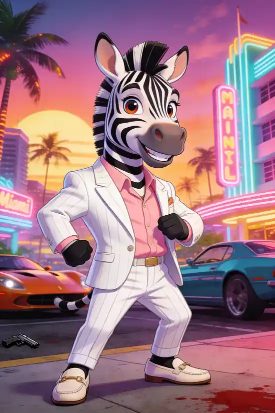 Miami Vice Gangster Animal AI Prompt Template – Cute Cartoon Crime Boss Generator – Neon 80s Retro City Character Creator – Digital Download thumbnail 5